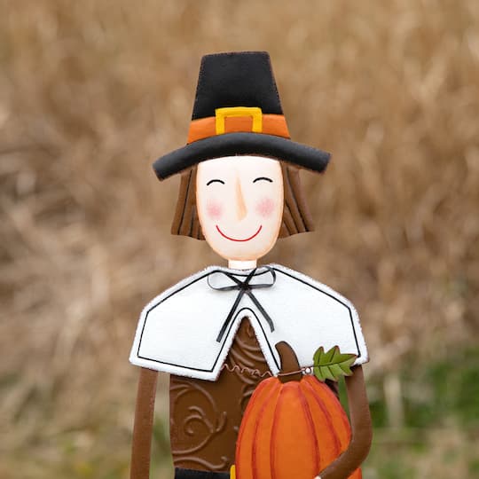 Glitzhome® 36" Metal Thanksgiving Pilgrim Boy Standing Or Hanging Yard Stake